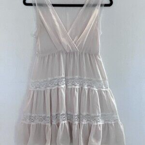Ivory‎ Sleeveless Babydoll Top Lace Trim Semi Sheer Tiered Ruffle Blouse Sz S/M